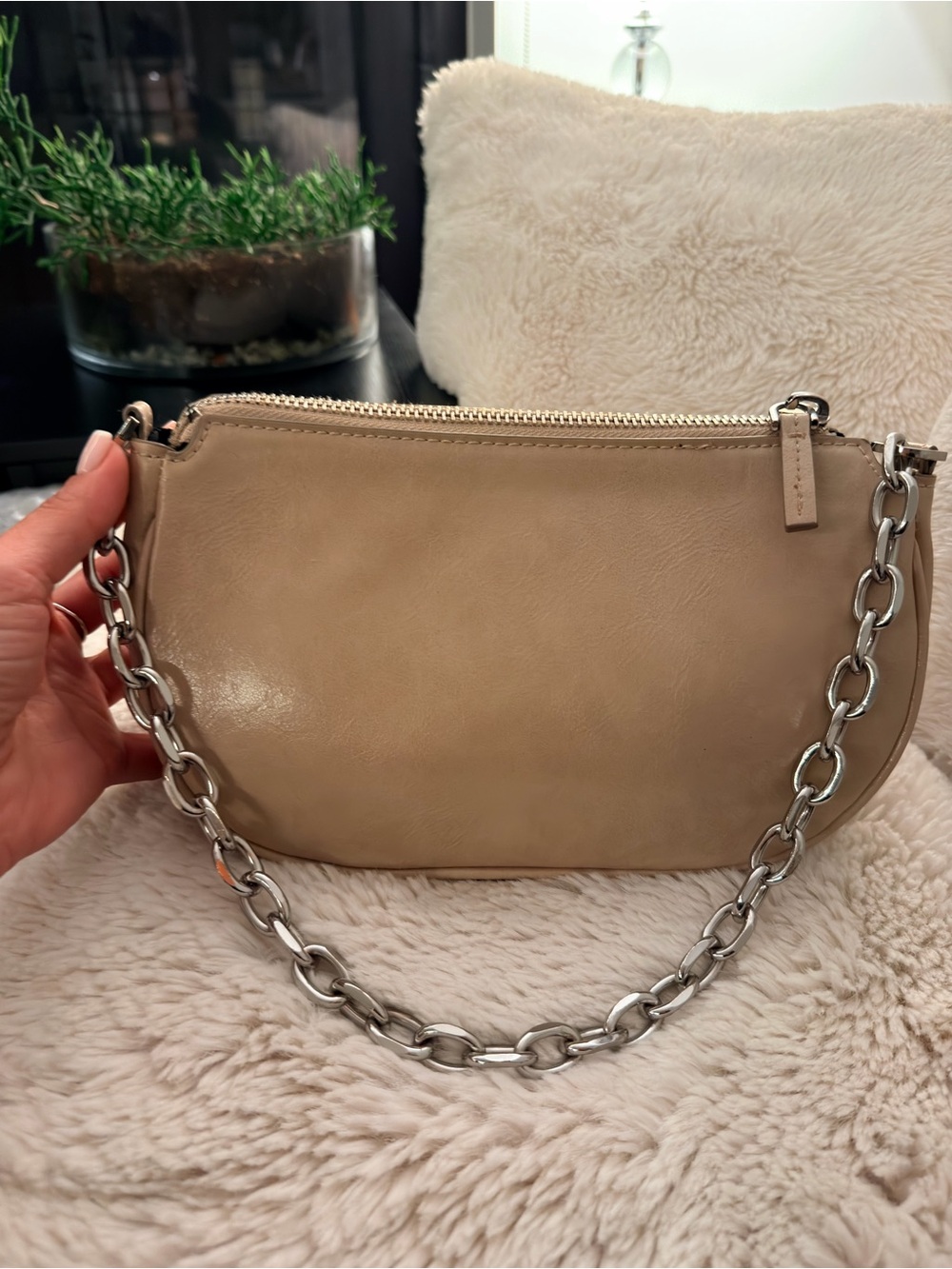 Mango Taupe Shoulder Bag with Silver Chain